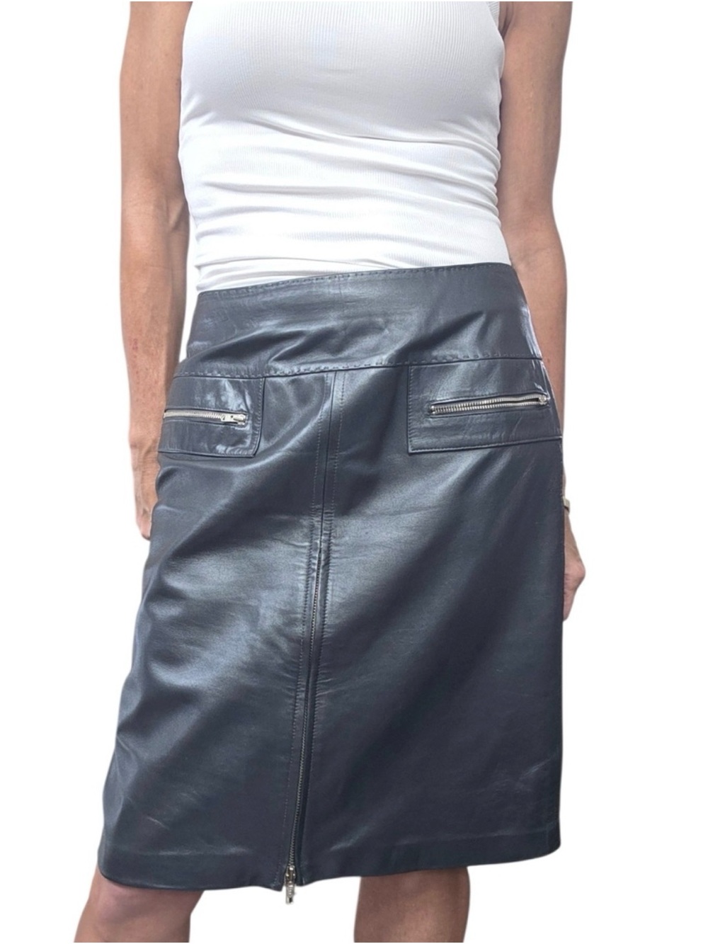 Vintage Cache Black Lambskin Leather Pencil Skirt with Front Zip and Zip Pockets